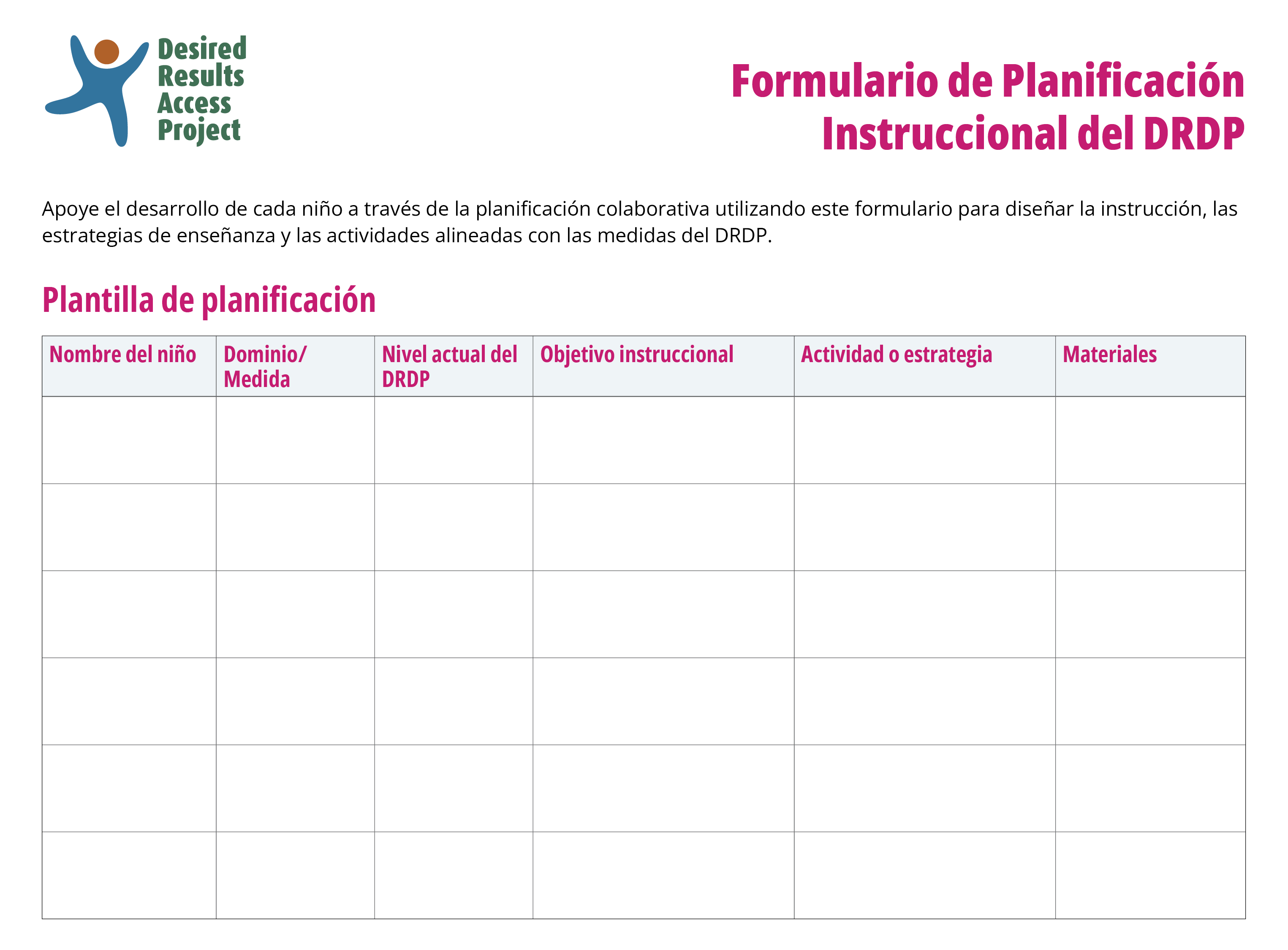DRDP Instructional Planning Form - Spanish (Formulario de Planificación Instruccional del DRDP)