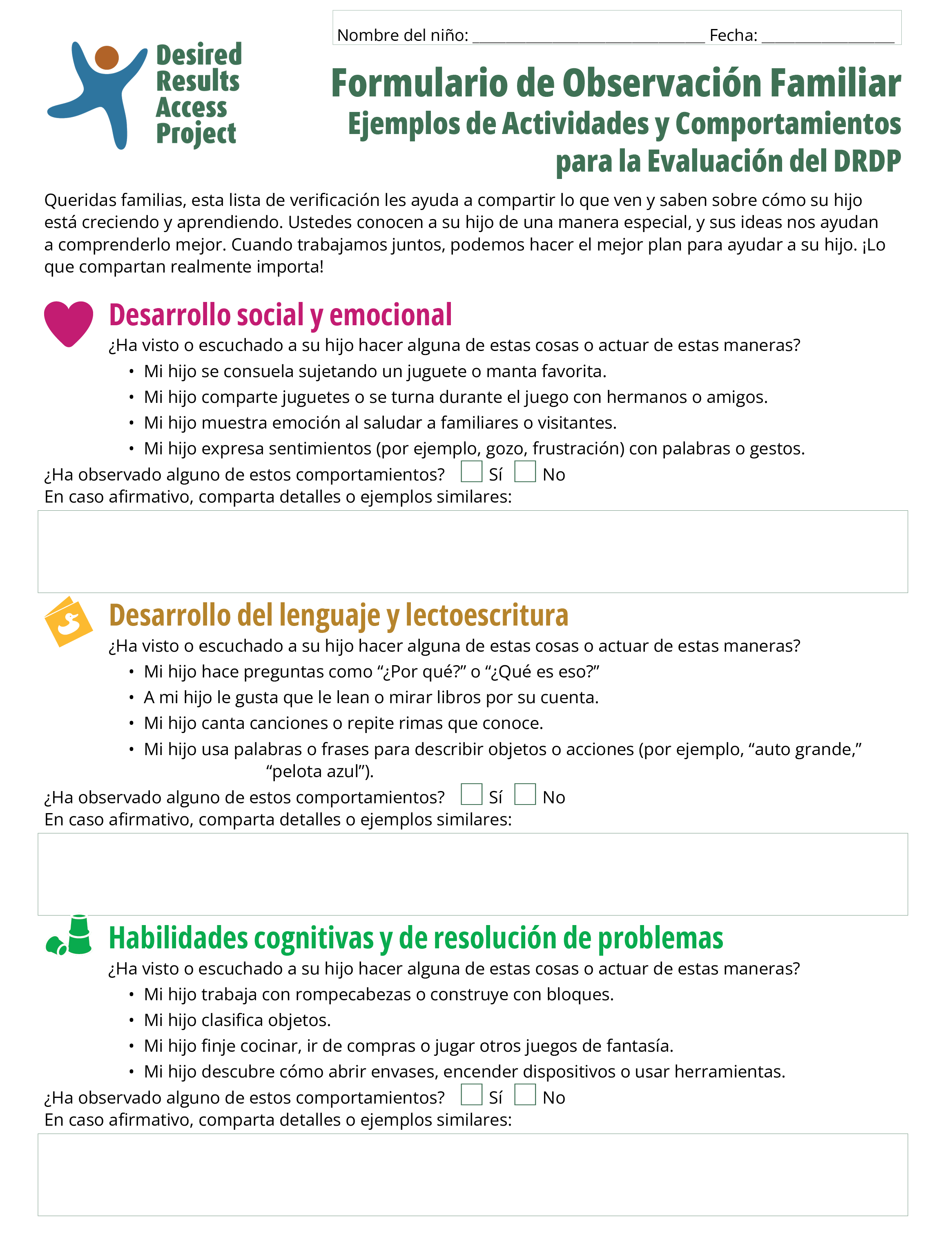 Family Observation Form - Spanish (Formulario de Observación Familiar: Ejemplos de Actividades y Comportamientos para la Evaluación del DRDP)