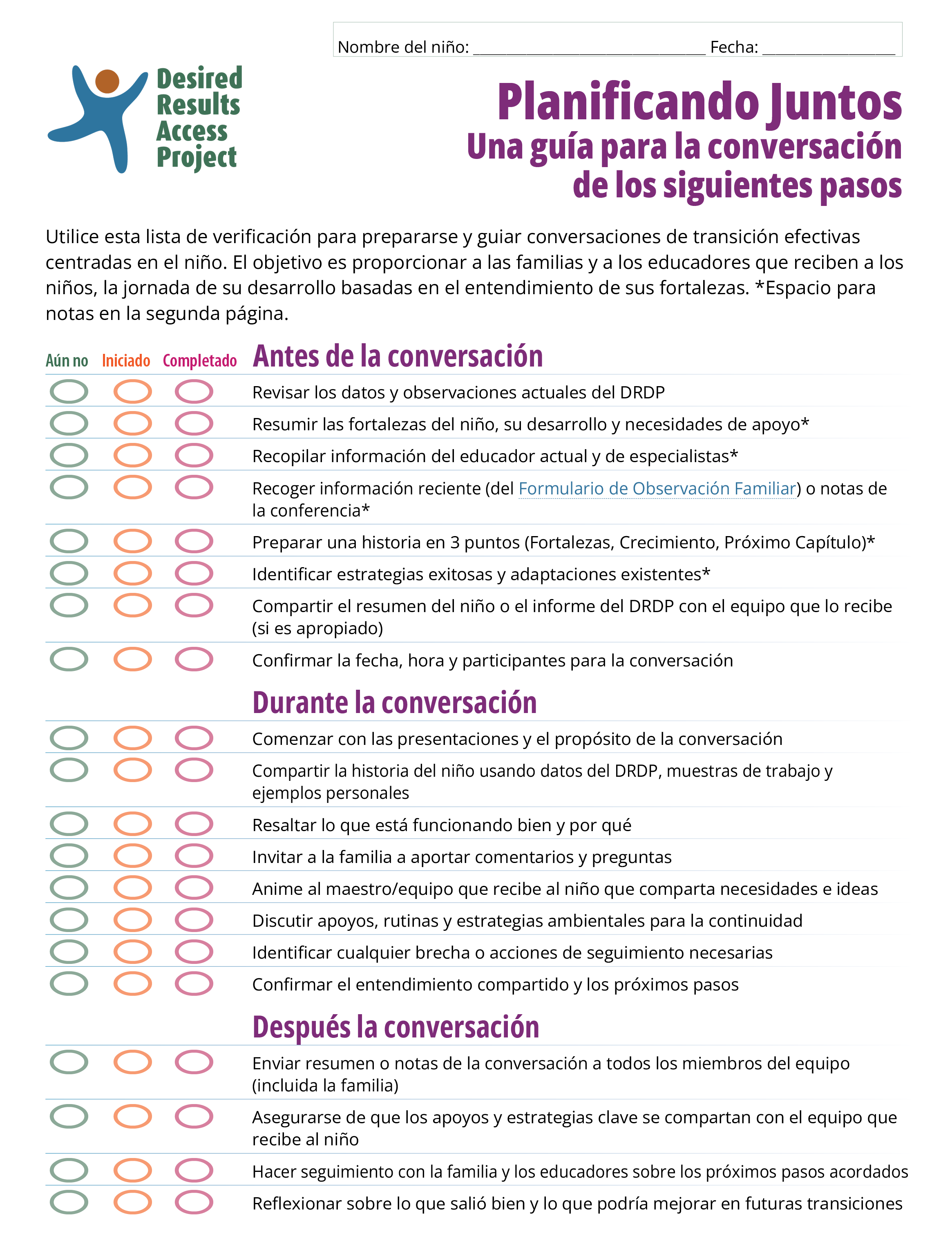 Planning Together - Spanish (Planificando Juntos: Una guía para la conversación de los siguientes pasos)