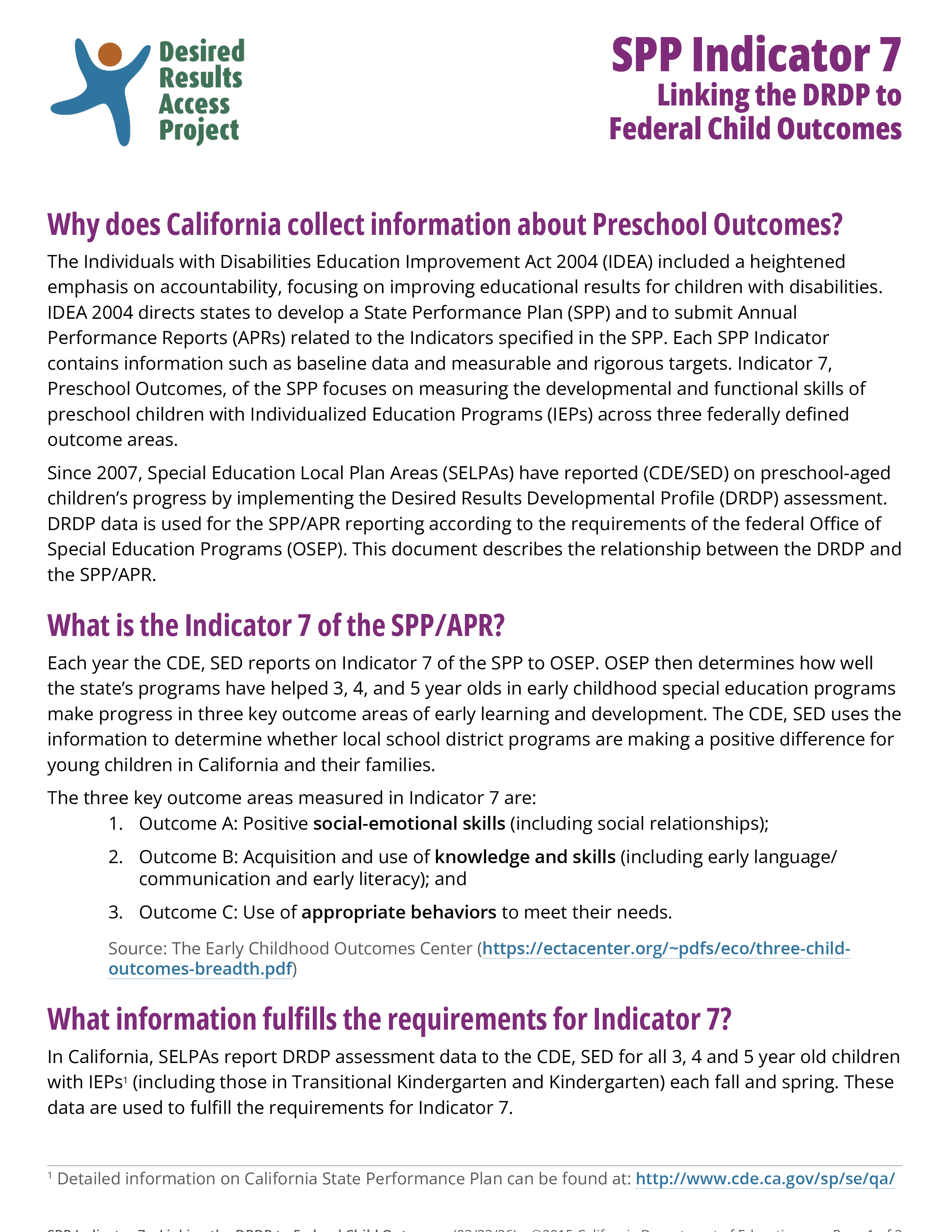SPP Indicator 7 Linking the DRDP to Federal Child Outcomes